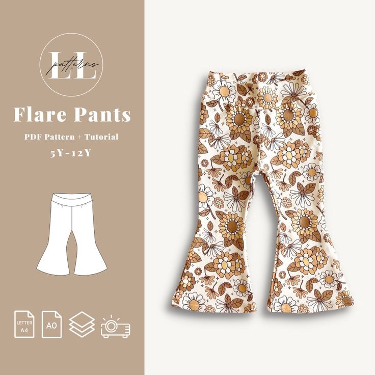 the pattern for flare pants is shown in white and brown flowers on a tan background