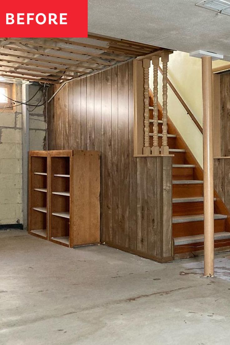 an unfinished room with stairs and storage cabinets in it, before and after remodeling