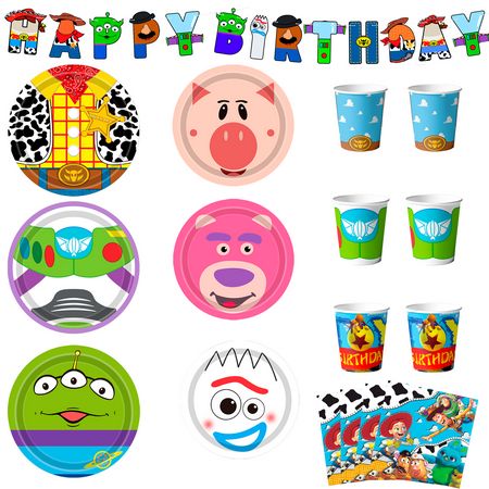 various party supplies including paper plates, cups and napkins with cartoon characters on them