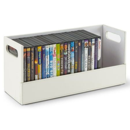 a white book holder with dvd's in it