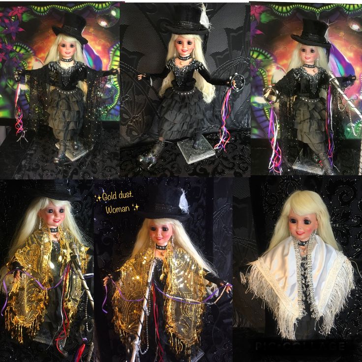 four pictures of barbie dolls dressed up in halloween costumes and holding brooms, one with long blonde hair