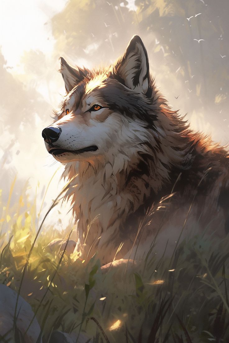 a painting of a wolf laying in the grass with its head turned to the side