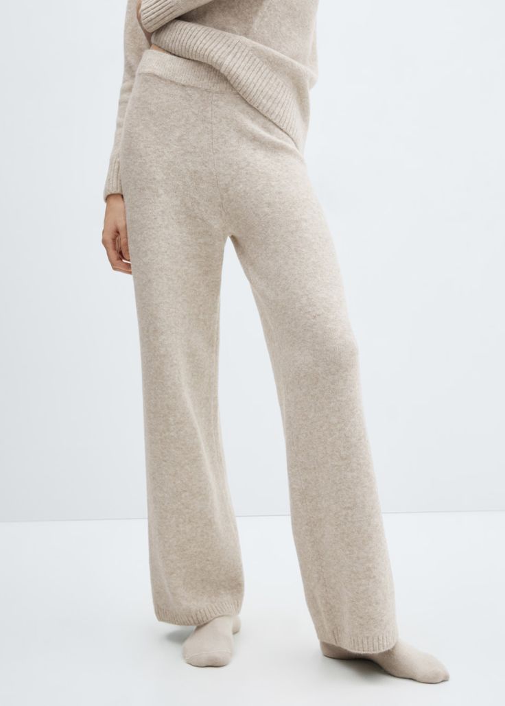 Knitted pyjama pants - Woman | MANGO USA Casual Cashmere Bottoms With Ribbed Waistband, Elegant Beige Knit Bottoms, Elegant Ribbed Straight Pants, Elegant Knit Bottoms For Winter, Elegant Knit Bottoms For Workwear, Casual Cashmere Bottoms With Elastic Waistband, Chic Cashmere Winter Bottoms, Chic Winter Cashmere Bottoms, Chic Beige Knit Bottoms