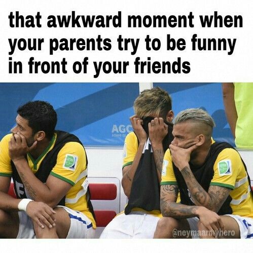 two soccer players sitting next to each other with their hands on their faces and the caption that awkward moment when your parents try to be funny in front of your friends