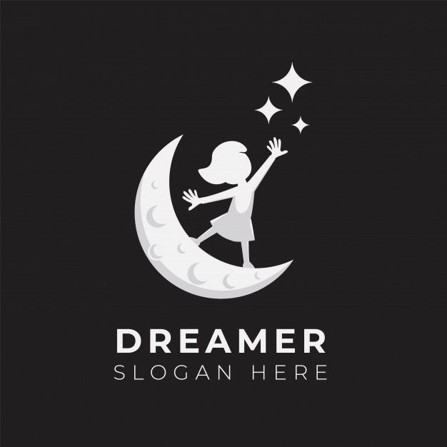 a girl is flying on the moon with stars in her hand, logo design for a children's clothing store