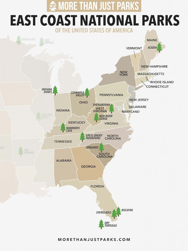 a map with trees on it and the words, more than just parks east coast national parks