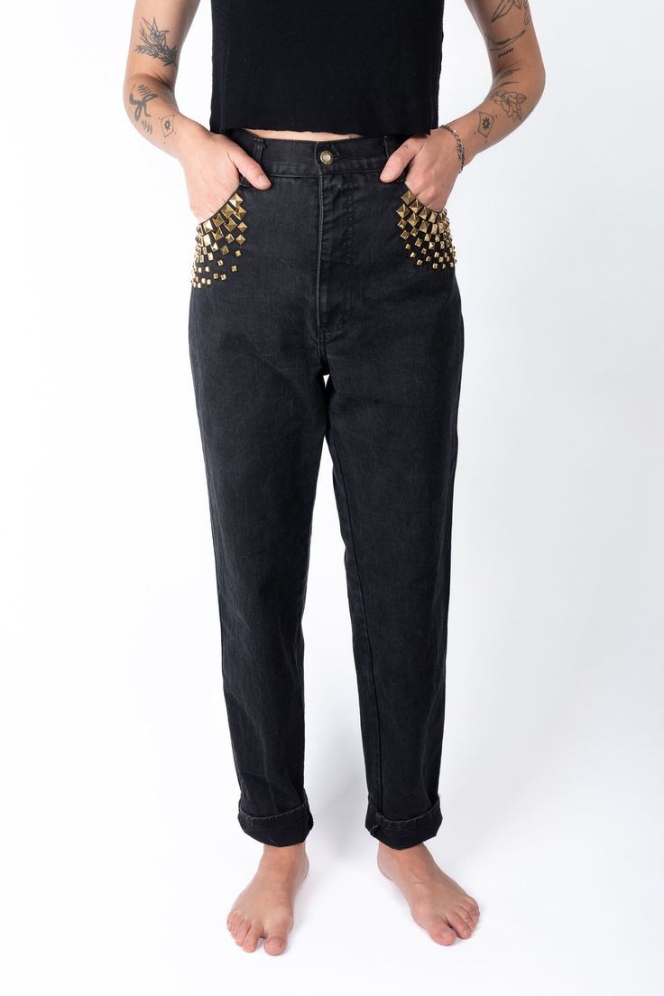 "So incredible! So rock 'n' roll! Vintage 80s Monique Jeans black denim jeans with flashy gold studs around the front pockets. DETAILS brand: Monique Jeans tag size: 9/10 waist: 29\" hips: 41\" thigh: 25\" rise: 12.5\" inseam: 30.5\" leg opening: 14\" condition: excellent 100% cotton made in the USA" Pockets Details, Black Denim Jeans, Womens Jeans, Jeans Black, Rock N, Gold Studs, Rock N Roll, Black Denim, Denim Dress