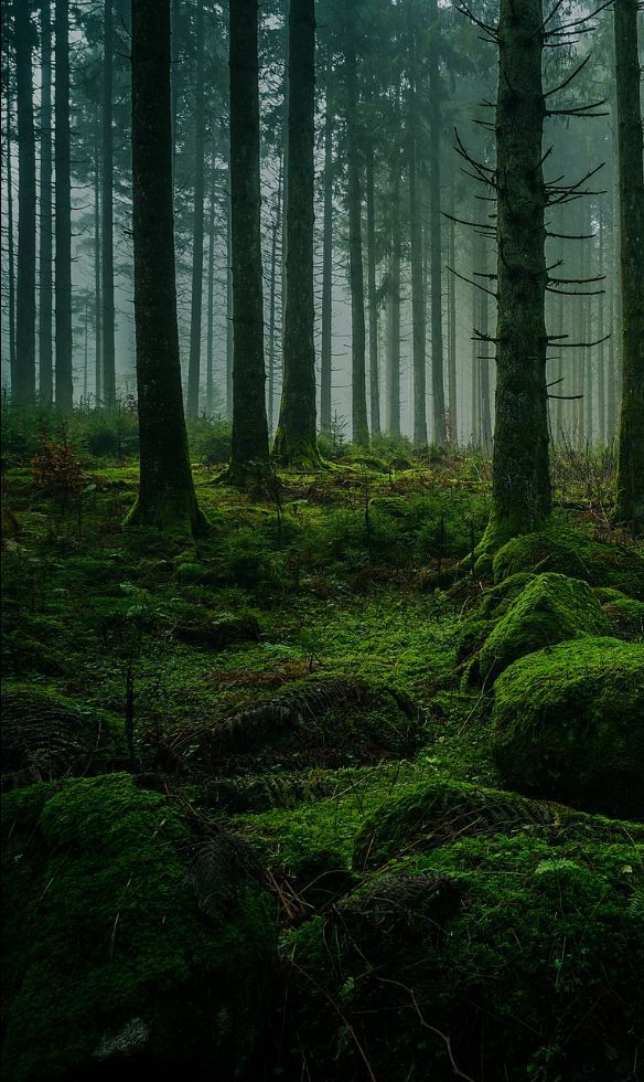 a forest filled with lots of green moss covered ground next to tall pine trees in the fog