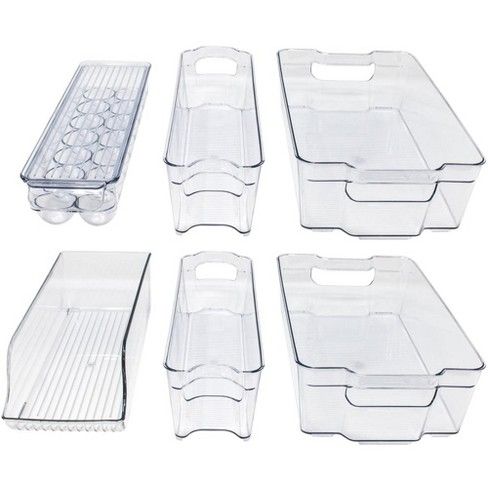 six plastic storage containers with lids and dividers