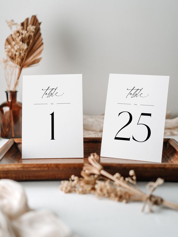 the table numbers are displayed on wooden trays