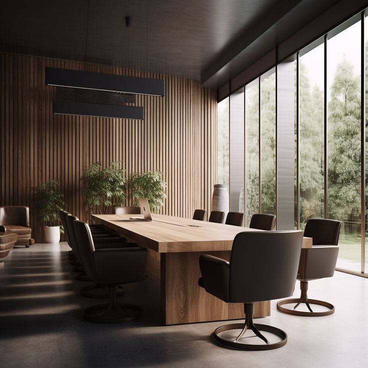 an empty conference room with chairs and a table in front of large glass windows that look out onto the trees outside