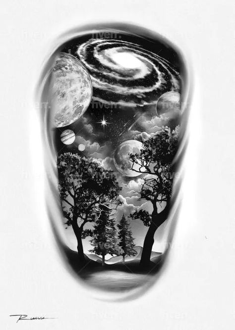 an ink drawing of trees and the moon in black and white with watermarking