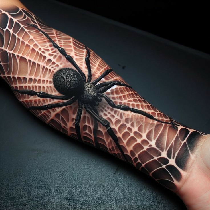 a spider tattoo on the left arm