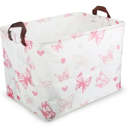 a large white bag with pink butterflies on the side and brown handles is shown in front of a white background