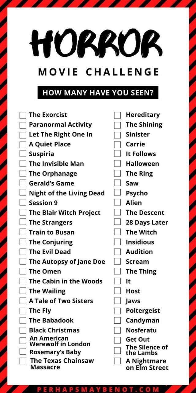 the horror movie challenge checklist is shown in red and black with text on it