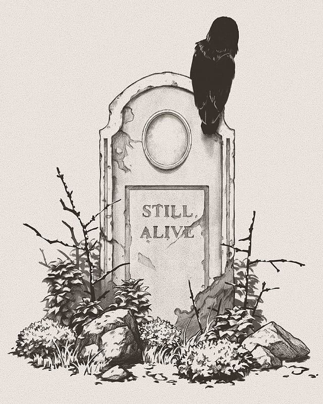 a black bird sitting on top of a tombstone