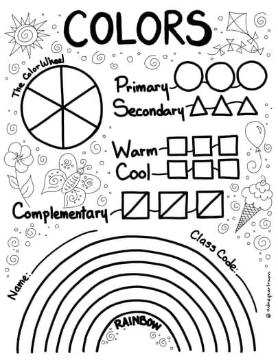 a coloring page with the words colors and symbols in black and white on top of it