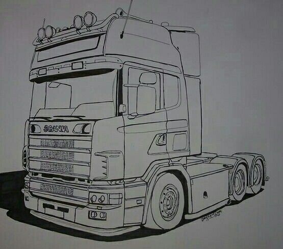 a drawing of a large semi truck in black and white