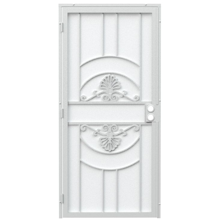 an open white door with decorative designs on the front and side panels, isolated against a white background