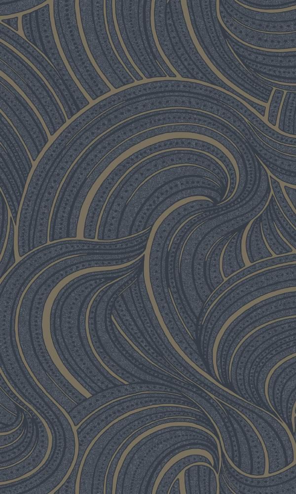 an abstract blue and gold wallpaper with wavy lines on the side, in shades of grey