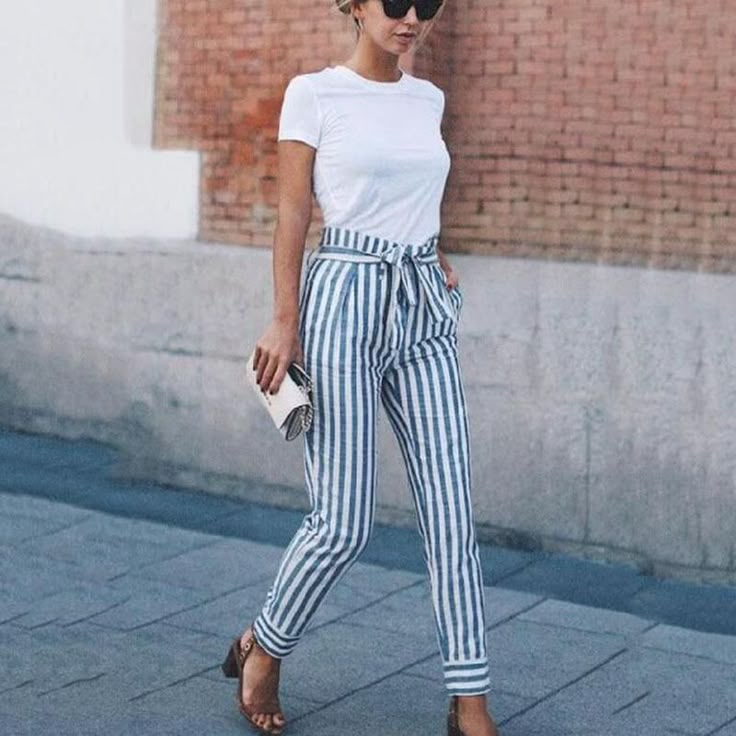 Striped Slim Strap Belt Long Skinny Casual Pants Spring Fashion Casual, Bohol, Spring Fashion Outfits, Business Outfit, Mode Inspo, Business Casual Outfits, Looks Style, Fashion Mode, Work Clothes