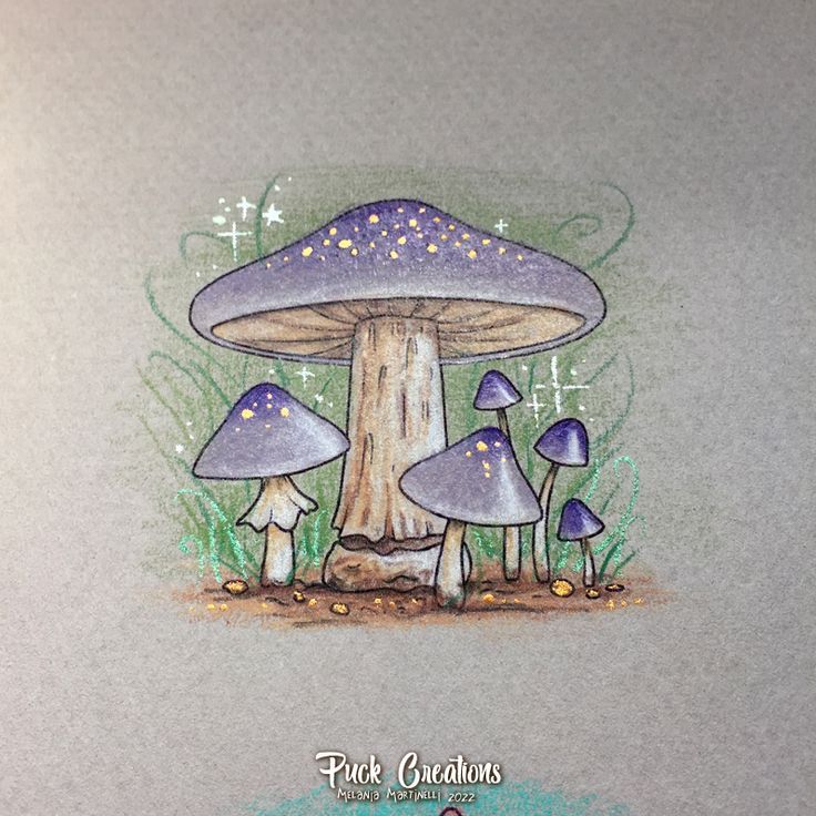 a drawing of some blue mushrooms in the grass