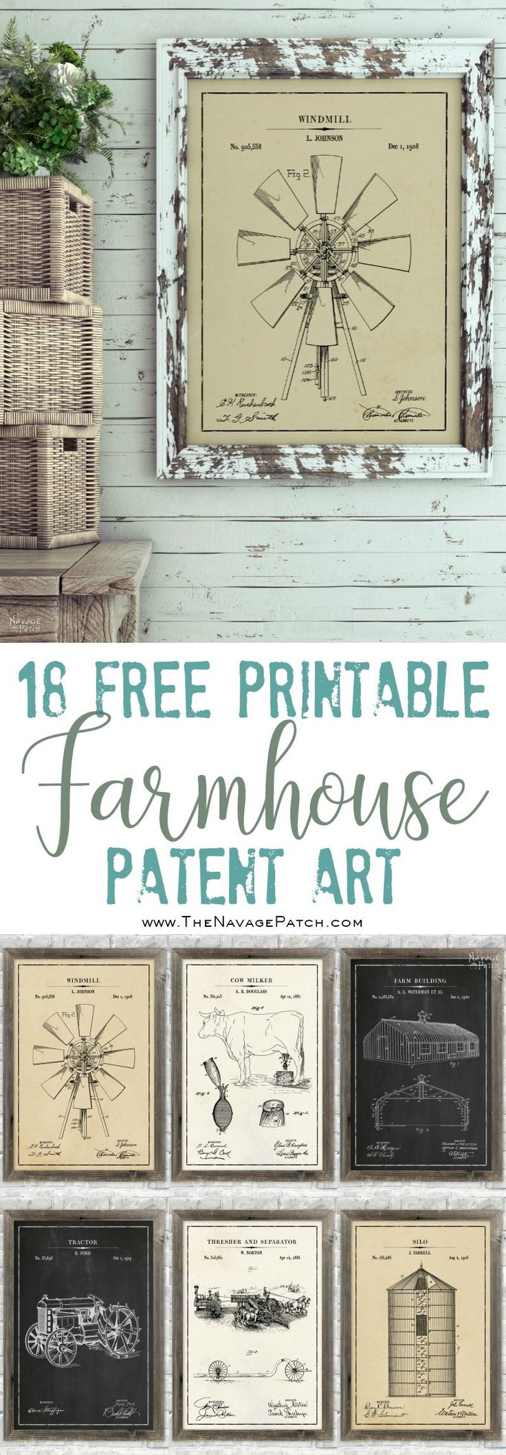 Farmhouse Patent Art and Surprise Bonus Printables | 18 free printable high-resolution Farmhouse Patent Wall Art| 12 free printable Vintage Olive Branch Illustrations| Free printable phonetic alphabet wall art | Free printable Morse code alphabet wall art | Budget friendly farmhouse decor | Engineering print vs poster print | Free printable man cave wall art | Free printable oversize wall art | Easy DIY wall decoration | Free printable botanical prints | TheNavagePatch.com Rustic Printables Free, Vintage Farmhouse Prints, Farmhouse Prints, Free Printable Country Wall Art, Farmhouse Bathroom Printables Free, Free Printable Laundry Room Wall Art, Free Vintage Farm Animal Printables, Free Farmhouse Printables, Production Design