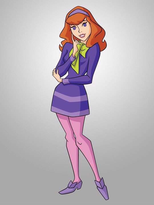 a cartoon girl with red hair wearing a purple dress and green scarf