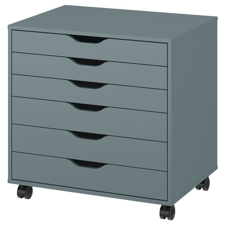 a gray filing cabinet with five drawers on casteors and four black knobs in the bottom drawer