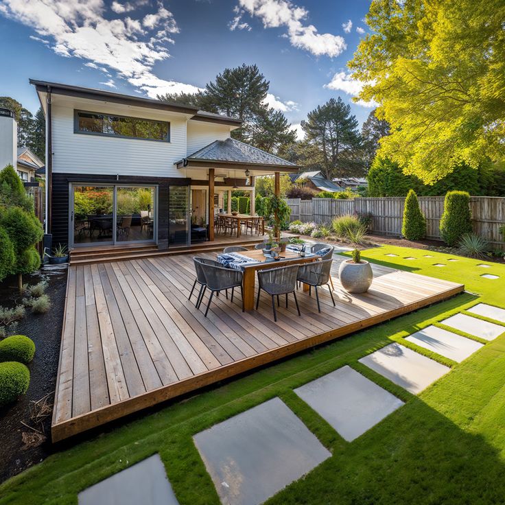 a deck with chairs and tables in the middle of a yard next to a house