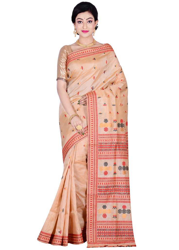 Cream pure assam silk saree elegantly done with resham woven buttis, which has beautified with decorated pallu and border that adds to the look. Comes with running blouse piece. Jeqard Design, Assam Silk Saree, Mekhela Chador, Silk Sarees Online, Pure Silk Sarees, Handloom Saree, Golden Color, Sarees Online, Blouse Piece