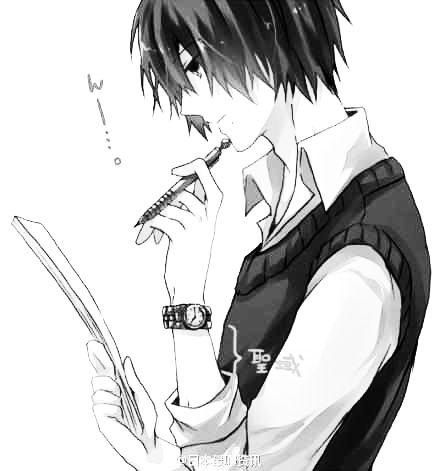 an anime character holding a tablet and looking at something in his hand while wearing a vest