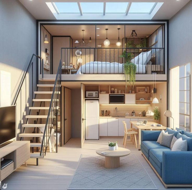 a living room filled with furniture next to a staircase leading up to a loft bed