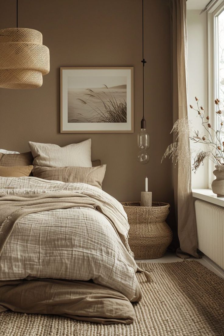 a bed sitting next to a window in a bedroom under a light hanging from the ceiling