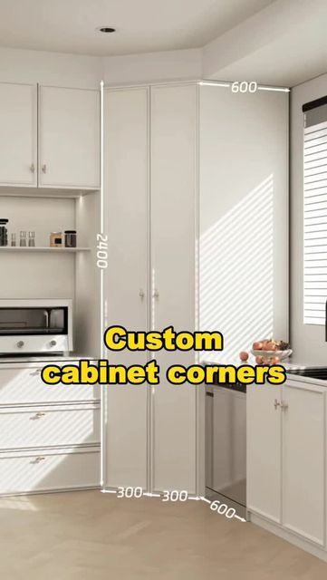 an image of a kitchen setting with white cabinets and appliances in the background text reads custom cabinet corners