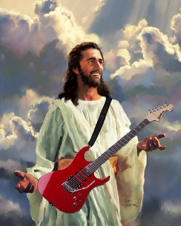 a painting of jesus holding a red guitar in his right hand and clouds behind him