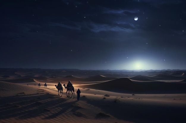 three people riding camels in the desert at night