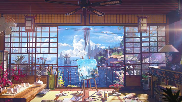 an artist's studio with large windows and paintings on the wall, in front of a cityscape