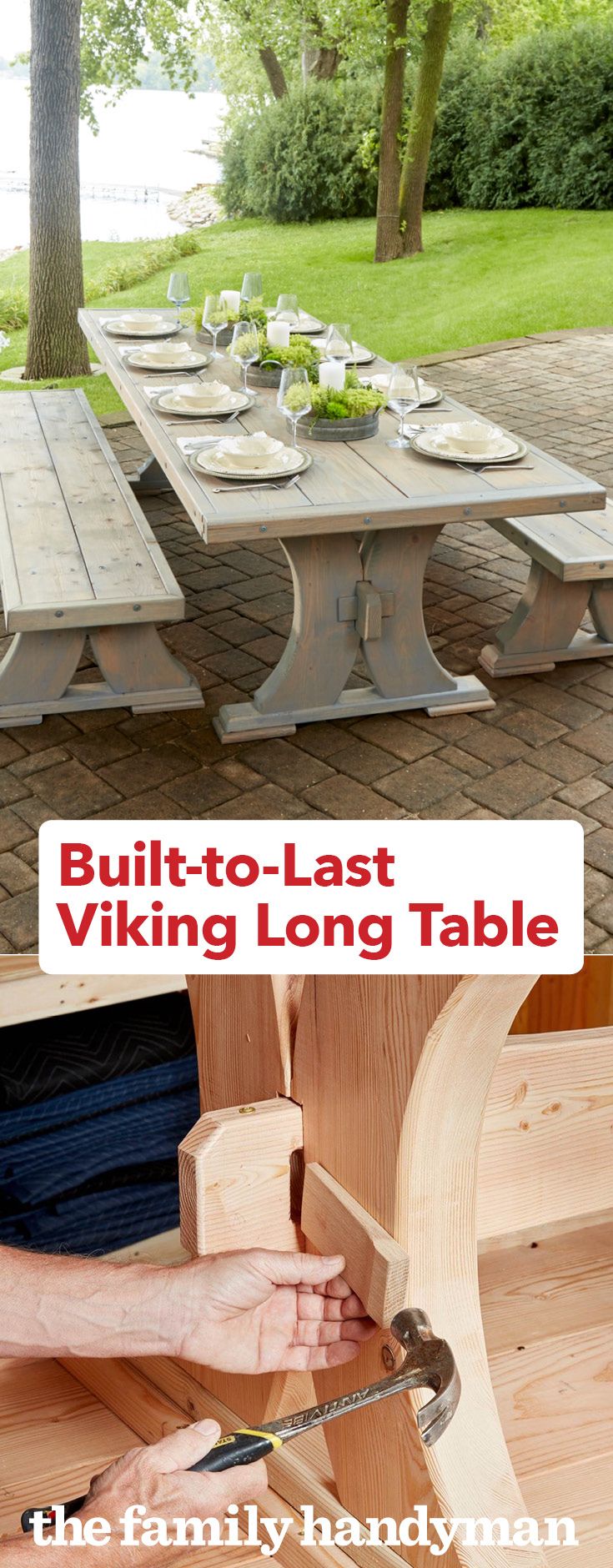 a person cutting wood with a pair of scissors on top of it and the words built - to - last viking long table below