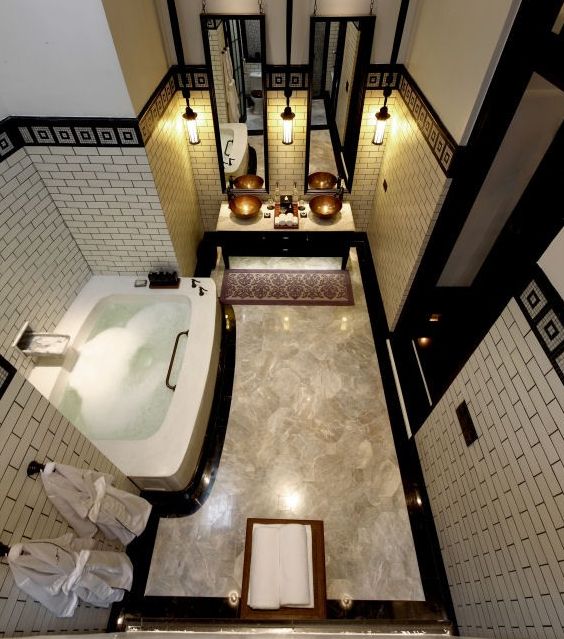 an aerial view of a bathroom with a jacuzzi tub