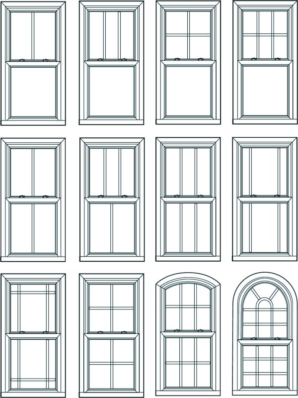 several different types of windows with archeds and panes on each window, all drawn in