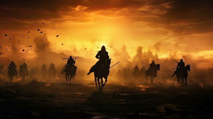 a group of people riding on the backs of horses in front of an orange sky