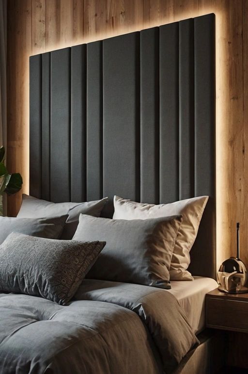 15 Stylish Bedroom Headboard Ideas & Designs You'll Love Headboards For Beds Luxury, Floor To Ceiling Headboard Ideas, Statement Headboard Ideas, Panel Headboard Ideas, Wall Mounted Headboard Ideas, Tall Headboard Bedroom Ideas, Full Wall Headboard, Headboard Wall Design, Alternative Headboard Ideas