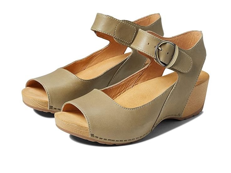 Dansko Tiana - Women's Shoes : Khaki Burnished Nubuck : Find the perfect middle ground between style and comfort with the versatile Dansko Tiana open-toe sandals. Leather wedge sandals feature full grain leather upper in a stylish, comfortable silhouette. Adjustable ankle strap provides a secure fit. Chrome-free leather linings and Dri-lex Energy Power Mesh lining with energy return with Aegis Shield odor control. Chrome-free leather covered, removable energy return EVA footbed with Dansko Natur Aegis Shield, Dansko Sandals, Fancy Footwear, Energy Power, Perfect Heels, Wardrobe Classic, Current Styles, Heeled Sandal, Pretty Stuff