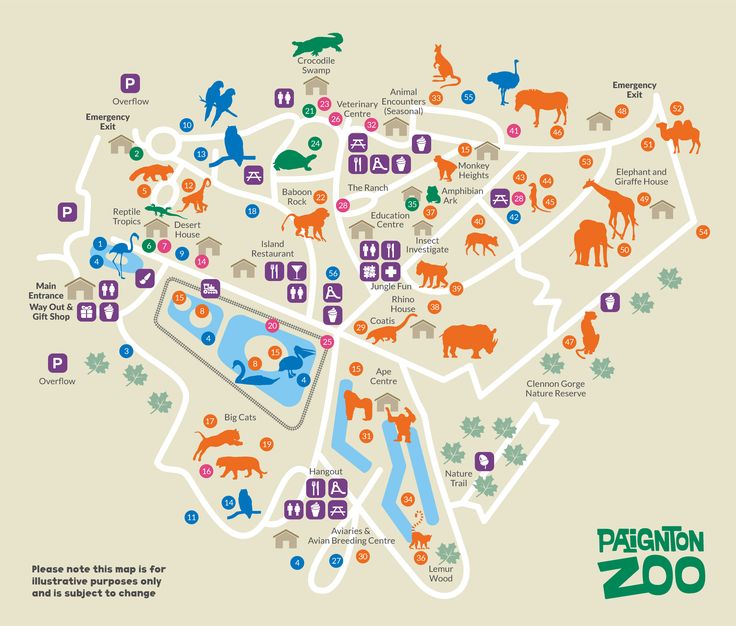 a map of the zoo with different animals on it