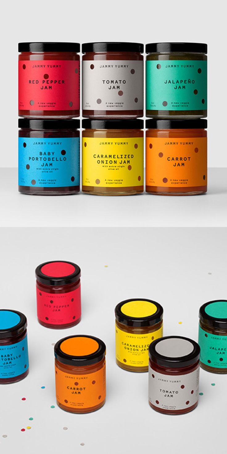 six jars of jams are shown in different colors and sizes, with the labels on them