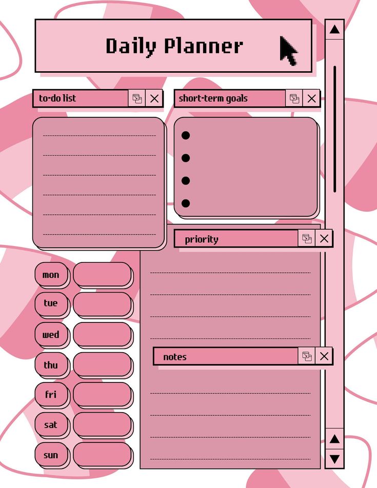 a daily planner with pink hearts on the side and arrows pointing up to each other