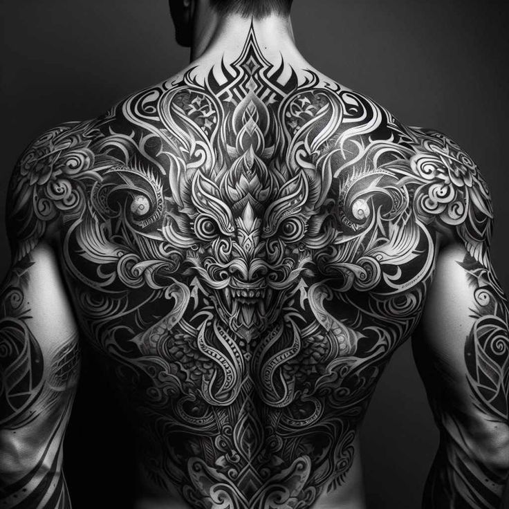 the back of a man with tattoos on his chest and arms, in black and white