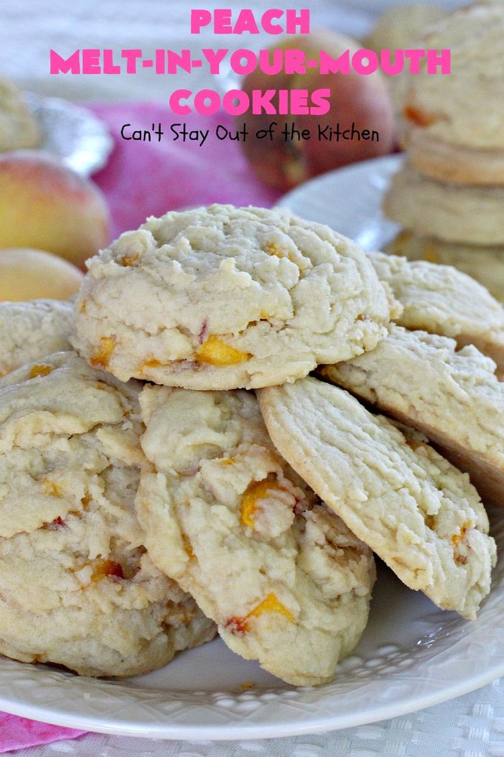 some cookies are stacked on top of each other in a white plate with the words, can't stay out of the kitchen