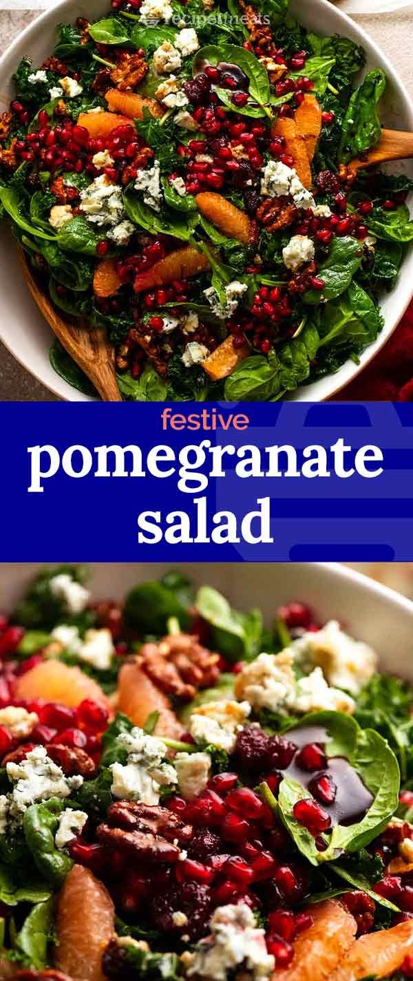 two pictures with different types of salads in them and the words festive pomegranate salad